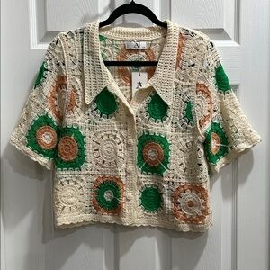 Crochet Button-Up Cardigan with Green and Brown Accents